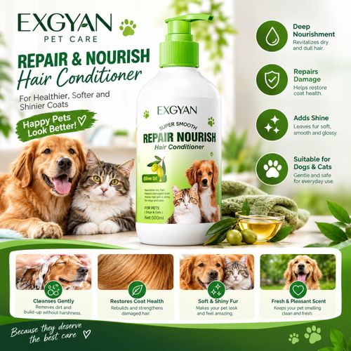 EXGYAN Olive Oil Super Smooth Repair & Nourish Pet Hair Conditioner – Effective Moisturizing Grooming Treatment for Cats and Dogs 2in 1 shampoo