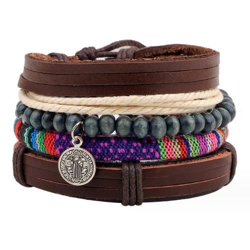 Urban Men's 4-In-1 Vintage Braided Rope & Leather Bracelet Set - Charm Accent
