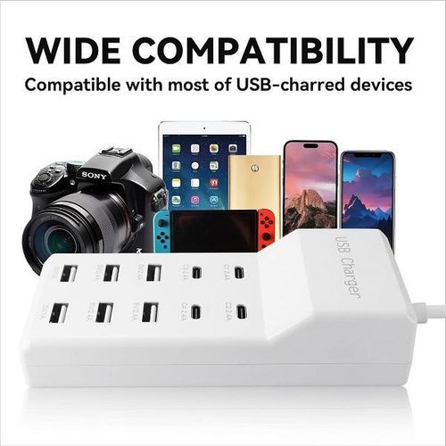 50W USB Charging Station with 6 USB-A and 4 USB-C Ports, 10A USB Charger Block for Smart Phone, Tablet, Laptop, Multiple Devices - USB Power Strip with Auto-Detect Technology