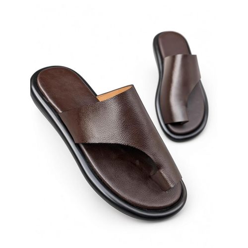 Fabian Men's Genuine Leather Toe-Ring Cross-Strap Casual Slides Slippers - Dark Brown