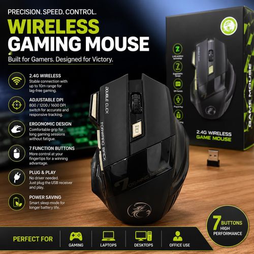 2.4GHz Wireless Gaming Mouse with USB Receiver, 7 Programmable Buttons, Adjustable 800/1200/1600 DPI, Ergonomic Optical Mouse for PC, Laptop, Desktop, Office and Gaming, Plug and Play, Long Battery Life, High Precision Wireless Computer Mouse