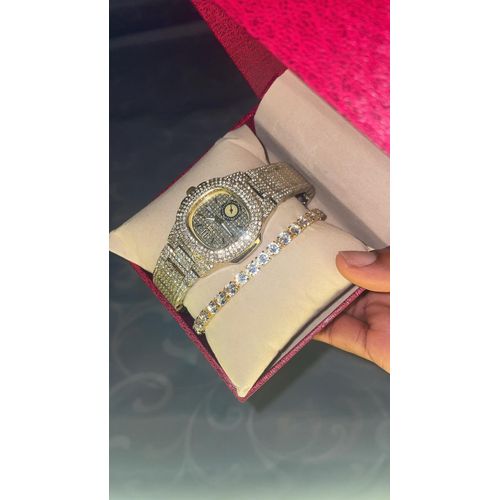 Posh Ladies Stone-ice Gold Watch & Bracelet _(Fully Boxed)