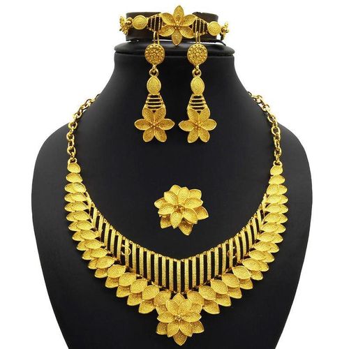 S-33 Gold Plated Jewelry Set For Women African Bridal Necklace Earrings Rings Bracelet - Gold