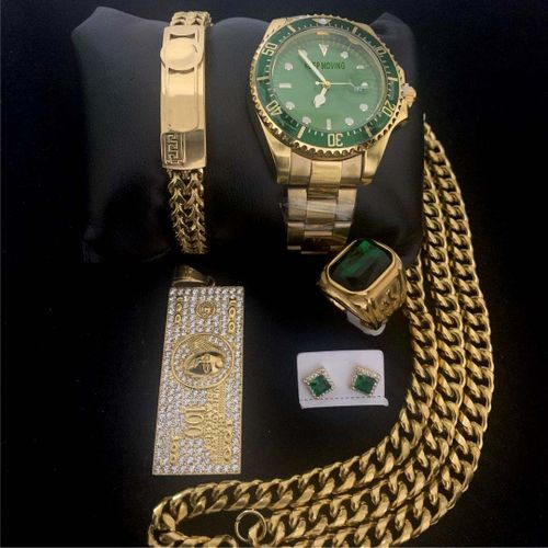 Original Quality Non Fading Mens Gold WristwatchNecklaceHand ChainRing Set