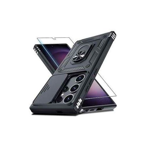 Samsung Galaxy S25plus Amor Rugged Case With Sliding Camera Cover And Ring Holder -black