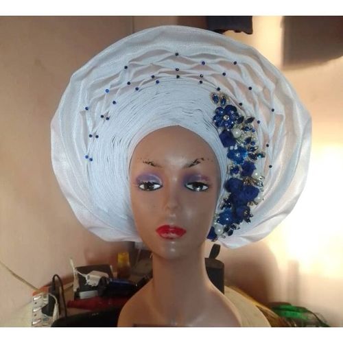 Autogele, Pre Tied Gele White (Ready To Wear Gele) Round - One Inch)