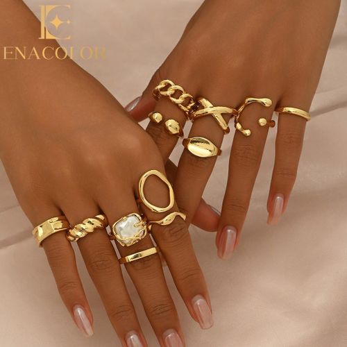 12PcsSet Vintage Gold Metal Geometric Irregularity Rings Set for Women Fashion Jewelry Accessories Finger Opening Rings