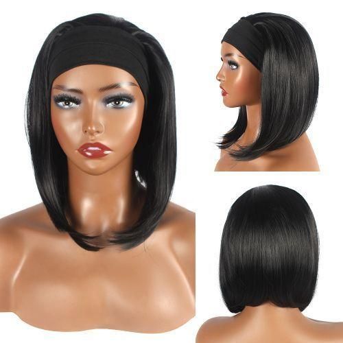 Turban Wig Bob Straight Hair Ice Silk Hair Band Short Hair - Black