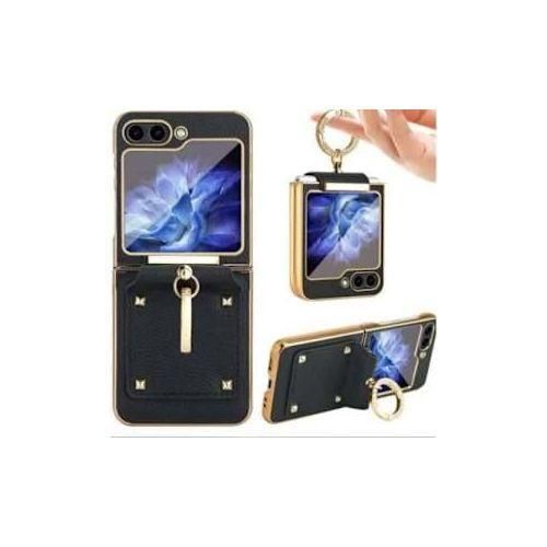 Samsung Galaxy Z Flip 5 Shockproof Flip Case With Ring - Leather - Black With Golden Bump