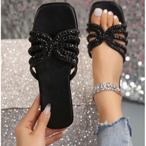 New Summer Casual Fashion Easy Open-Toe Flat Bottom Glass Rhinestone Beach Vacation Sandals And Slippers for Women, Women Shoes