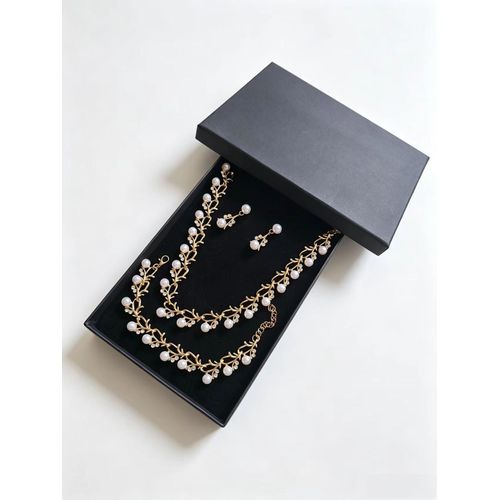 3Pcs Branch Pearl Rhinestone Jewelry Set Gold Plated Necklace Bracelet Drop Earrings Elegant Women Wedding Banquet Party Daily Dress Matching Jewellery Gift For Ladies