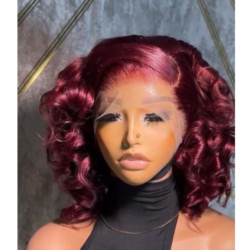 Glueless bounce curl full frontal wig with c part 14inches burgundy color