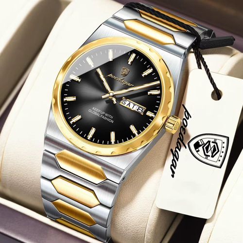 Men's Two-Tone Silver & Gold Watch with Black Dial and Day-Date Display