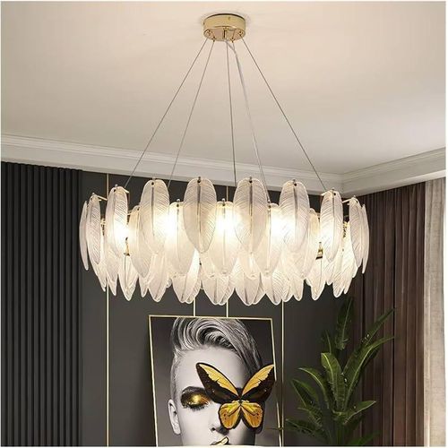 Luxury Modern Feather Glass LED Chandelier – Gold Finish, Elegant Hanging Ceiling Light for Living Room, Dining & Bedroom