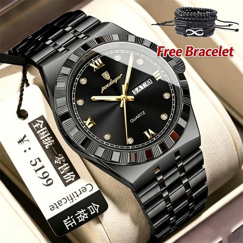 POEDAGAR Black Men Diamond Waterproof Quartz Watch Free Bracelet Gift