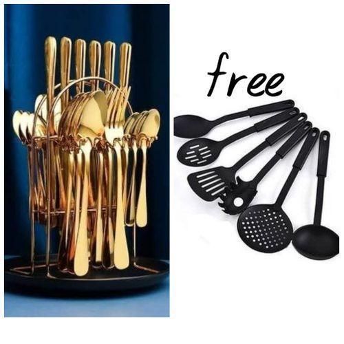 Stainless Steel Gold Cutlery Set With a holder rack plus 5 pcs non stick cooking spoon