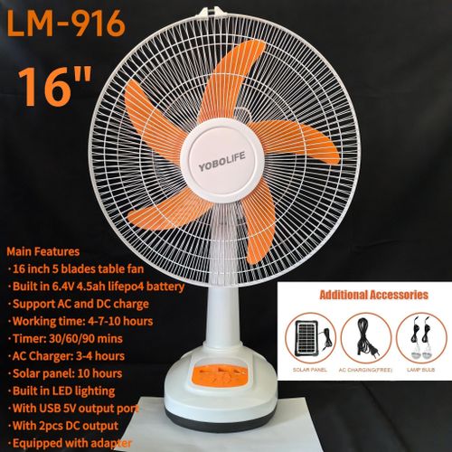 Super Rugged 16 Inch Rechargeable & Solar Table Fan LED Light USB Charger With Solar Panel 2 Bulb For Office And Home Lithium Battery