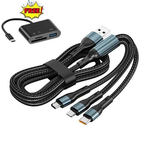120W 3-in-1 Fast Charging Cable, Type-C/Micro USB/Lightning Triple Charger Cord-Free 3in1 otg Card reader