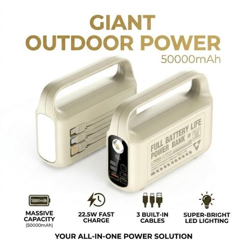 Power Bank 50000 mAh 22.5W Fast Charge Built-in Cables LED Camping Light - White
