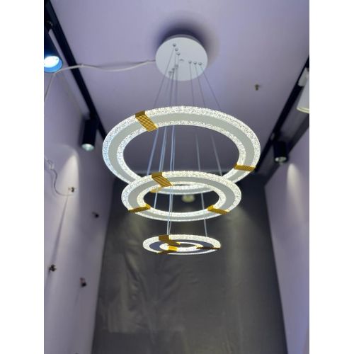 Luxury Modern 3-Ring Crystal LED Chandelier Pendant Light – Tiered Sparkle Ring Dropping Ceiling Lamp with Gold Accents
