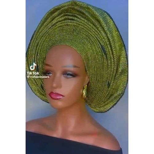 Abikeade Asooke & Gele Autogele Green ( Ready To Wear Gele) Round - One Inch