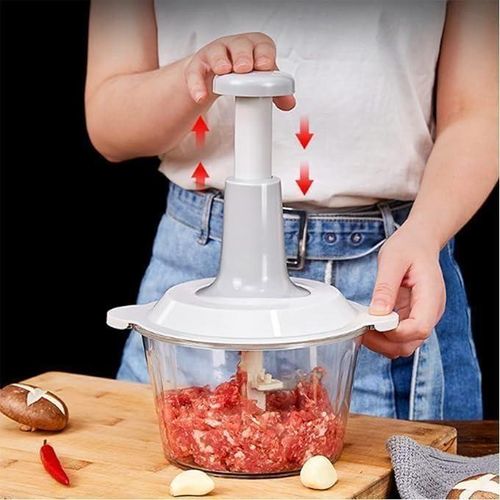 Manual Hand Pat Food Processor – Vegetable & Meat Chopper – Transparent Bowl with Steel Blades