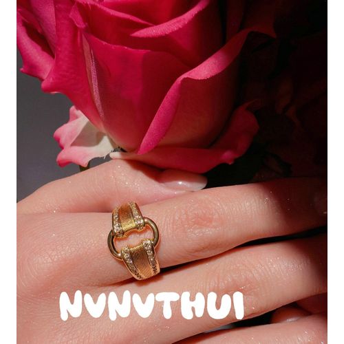 Italian vintage brushed double-petal lotus gemstone ring, vintage 18K gold-plated clasp zircon ring