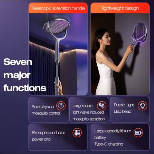 Rechargeable Electric Fly Swatter with Telescopic Handle, Mosquito Zapper Racket with Storage Base & Auto Mosquito Trap Light, Portable Bug Zapper for Indoor Outdoor Home Bedroom Camping