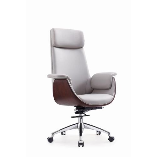 Premium Executive Office Chair High Back - PU Leather, Wood Accent, Ergonomic, Swivel, Reclining, Chrome Base - Grey