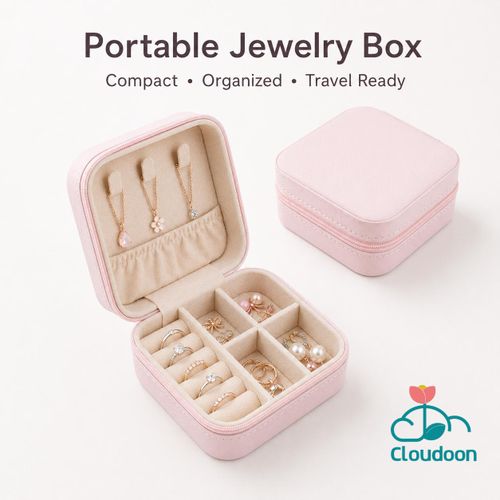Portable Jewelry Box, Removable Dividers, PU Leather - Light Pink