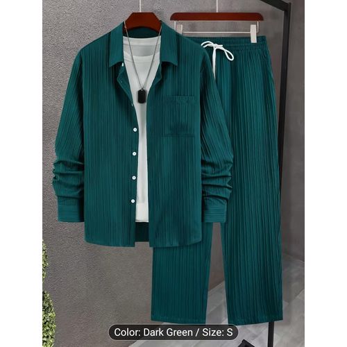 Men's Long Sleeve Shirt and Pants 2pcs Set, Wave Stripe Texture Long Sleeve Shirt and Pants Set