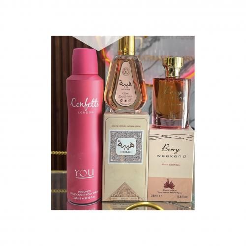 BERRYS WEEKEND PINK EDITION PERFUME 25ML HEIBAN 50ML CONFETTI BODY SPRAY