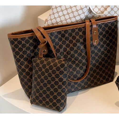 Women’s Stylish Patterned Tote Bag with Matching Pouch Brown