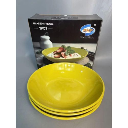 3 Piece 8-Inch Glazed Ceramic Bowl & Deep Plate Set × 2 sets 6 pieces - UNSELECTIVE COLOUR