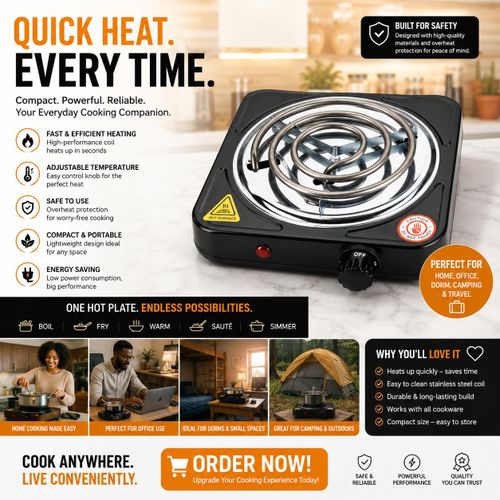 Portable Electric Single Burner Hot Plate – Fast Heating Adjustable Temperature Cooker for Home, Office, Dorm, Travel & Camping Compact Energy-Saving Electric Stove