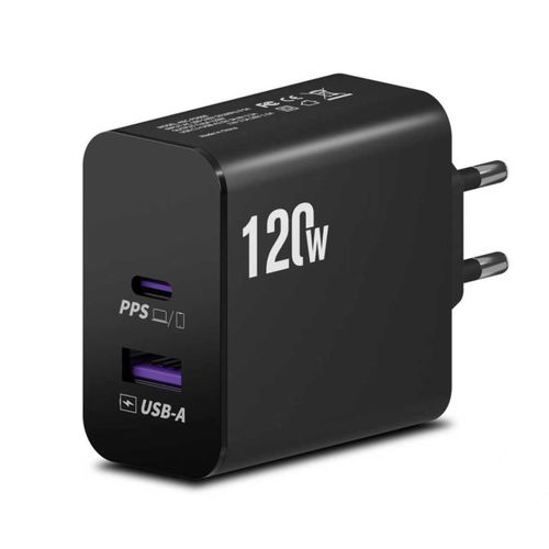 120W GaN Super Fast Charger 1 USB-A 1 USB-C Ports PD PPS Quick Charger Compatible with iPhone 1615 Samsung S25S24 Huawei Oppo Xiaomi OnePlus MacBook Laptops Safety GaN Protocol Universal Charging Block for Multiple Devices