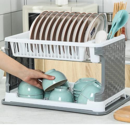 2-Tier Premium Plastic Dish Rack & Plate Drainer - Durable Rust-Free Kitchen Counter Organizer With Cutlery Holder & Drip Tray - Light Green