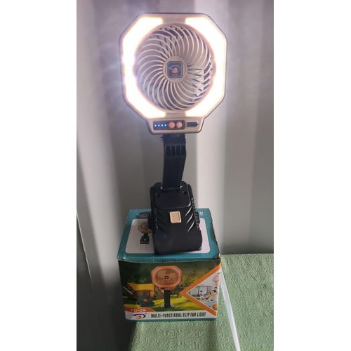 portable rechargeable clip-on fan with an integrated LED ring light.