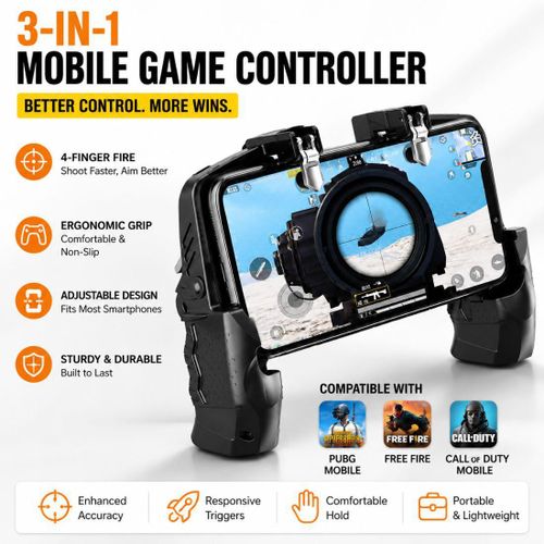 3-in-1 Mobile Game Controller – Ergonomic Grip, 4-Finger Fire, PUBG/Free Fire/COD Mobile Compatible