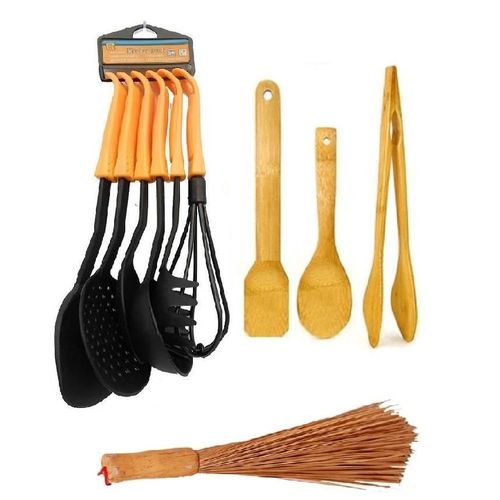 6pcs Non Stick (Yellow) Kitchen Spoon Set + 3pcs Kitchen Wooden Spoons + Big Ewedu Broom