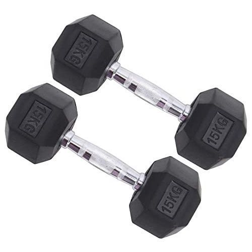 Pair Of 15kg Hexagon Rubber Coated Pure Iron Fixed Weight Lifting Dumbbell