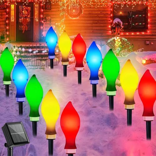 Set of 12 Outdoor Christmas, Featuring Flame-Shaped Designs. These Solar Garden Lights Come with 8