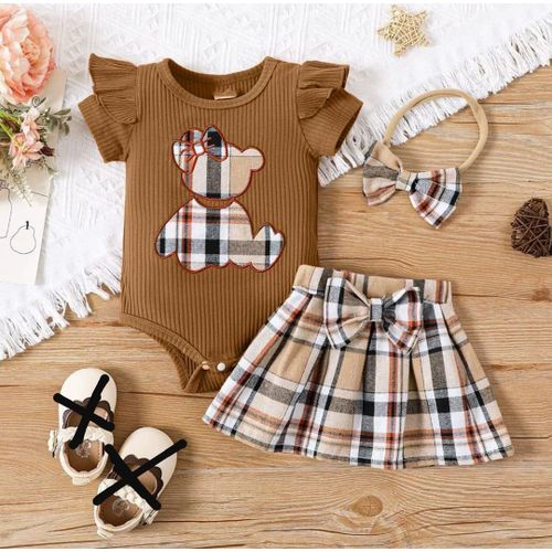 Baby Girl Clothes Short Sleeve Bodysuit+skirt+headband-brown