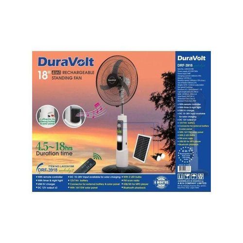 DuravoIt DRF-3918 18" 4-in-1 Rechargeable Standing Fan – With Solar Panel, LED Bulbs & Audio