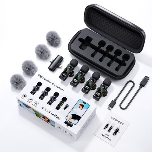 T90 4 in 1 Wireless Microphone, Noise Reduction Collar Mic with Charging Case, Wireless 4-Mic &1 Receiver for Video Recording, YouTube, Facebook, Live Stream for All Type C Android &iPhone