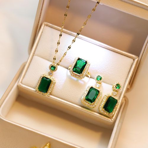 Luxury Emerald - Cut Green Stone Jewelry Set, Gold - Plated Necklace, Ring & Earrings, Elegant Party Bridal Accessory