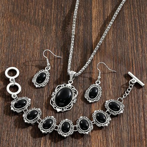 4pcs/set Vintage Boho black jewelry set, alloy material, including a necklace, a bracelet and a pair of earrings.
