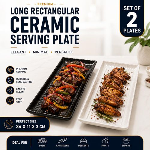 2PCS Japanese Ceramic Serving Plate Set – Long Rectangular Sushi, Fish, Meat & Snack Serving Trays (Black & White)