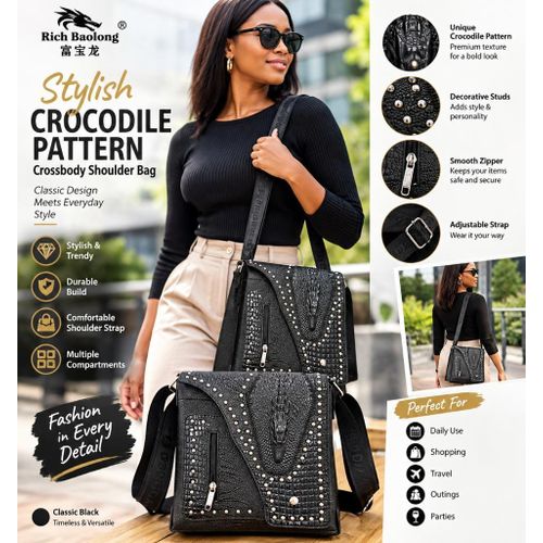 Black Stylish Crocodile Pattern Crossbody Shoulder Bag – Unisex Studded Messenger Handbag
