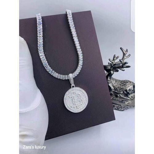 Iced Out Cuban Tennis Chain With Pendant Silver With Stone